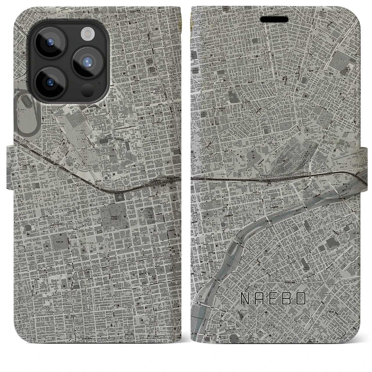 【苗穂(北海道)】地図柄iPhoneケース(手帳タイプ)モノトーン・iPhone 15 Pro Max 用