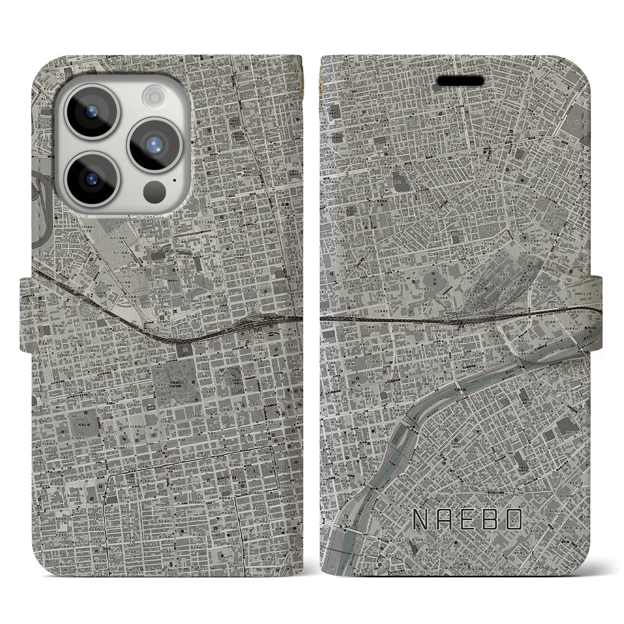 【苗穂(北海道)】地図柄iPhoneケース(手帳タイプ)モノトーン・iPhone 15 Pro 用
