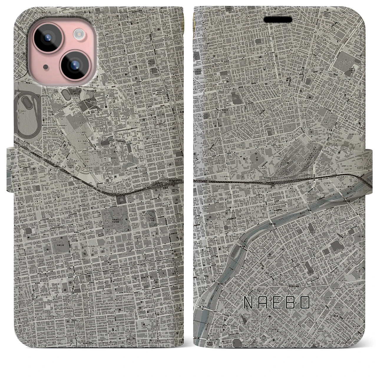 【苗穂(北海道)】地図柄iPhoneケース(手帳タイプ)モノトーン・iPhone 15 Plus 用