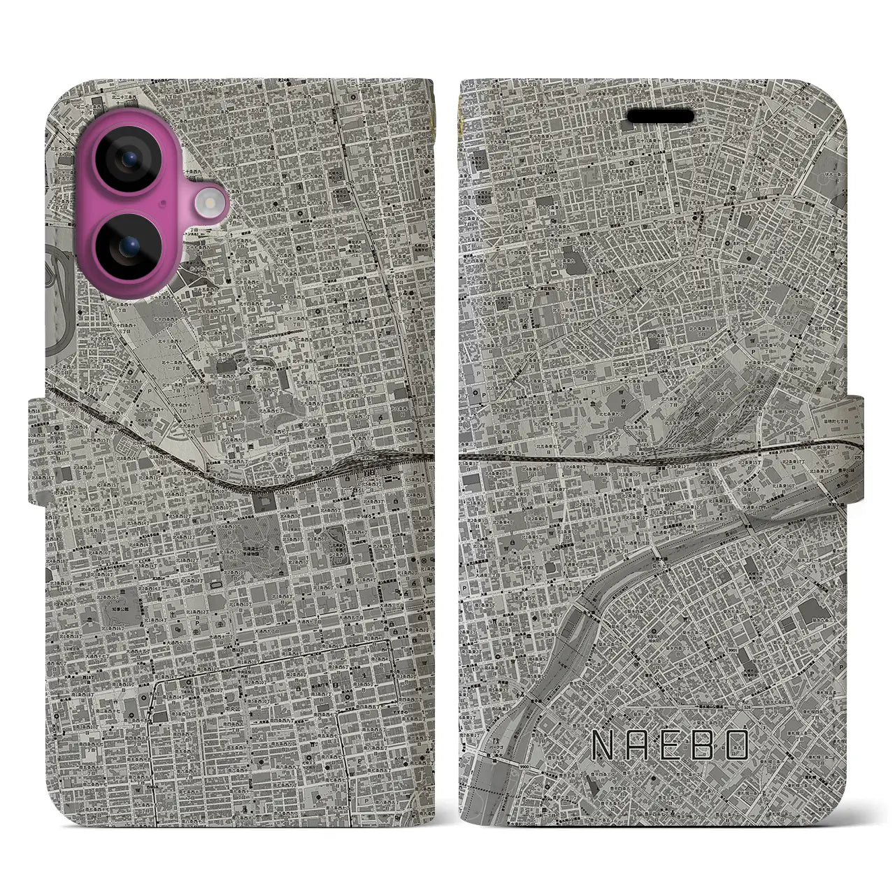 【苗穂(北海道)】地図柄iPhoneケース(手帳タイプ)モノトーン・iPhone 16 Pro 用