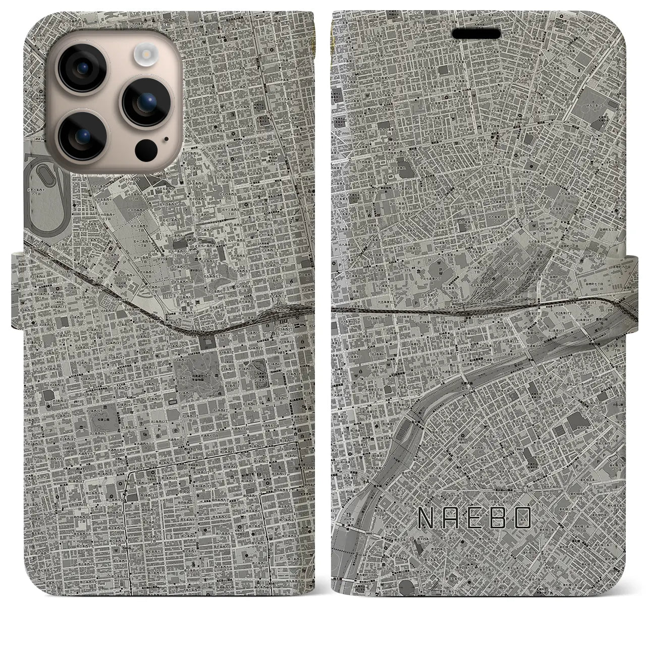 【苗穂(北海道)】地図柄iPhoneケース(手帳タイプ)モノトーン・iPhone 16 Plus 用