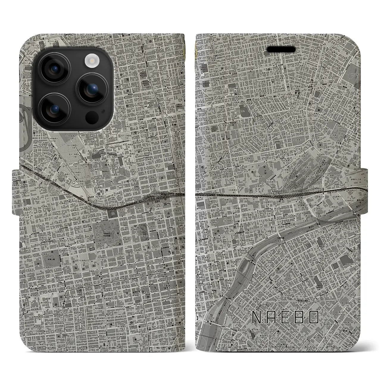 【苗穂(北海道)】地図柄iPhoneケース(手帳タイプ)モノトーン・iPhone 16 用