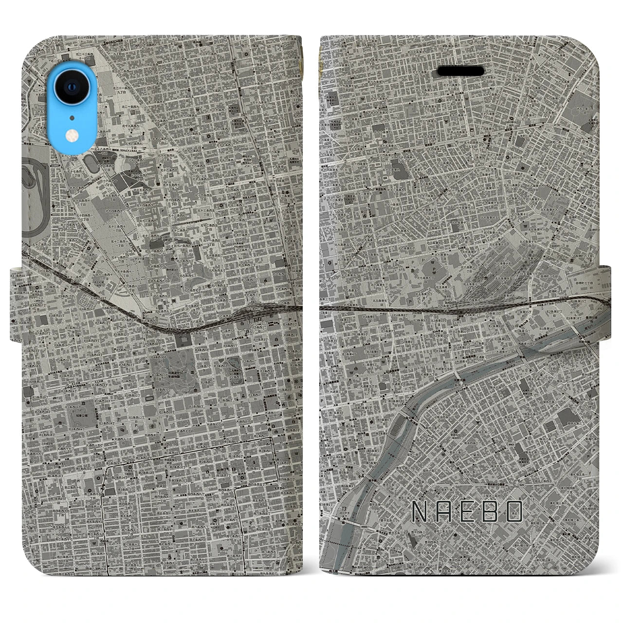 【苗穂(北海道)】地図柄iPhoneケース(手帳タイプ)モノトーン・iPhone XR 用