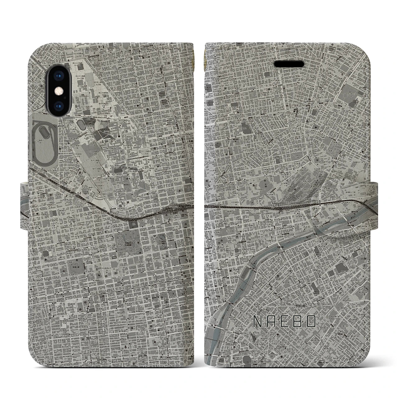 【苗穂(北海道)】地図柄iPhoneケース(手帳タイプ)モノトーン・iPhone XS / X 用
