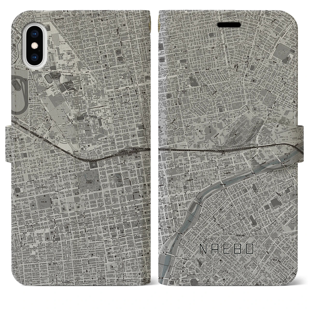 【苗穂(北海道)】地図柄iPhoneケース(手帳タイプ)モノトーン・iPhone XS Max 用