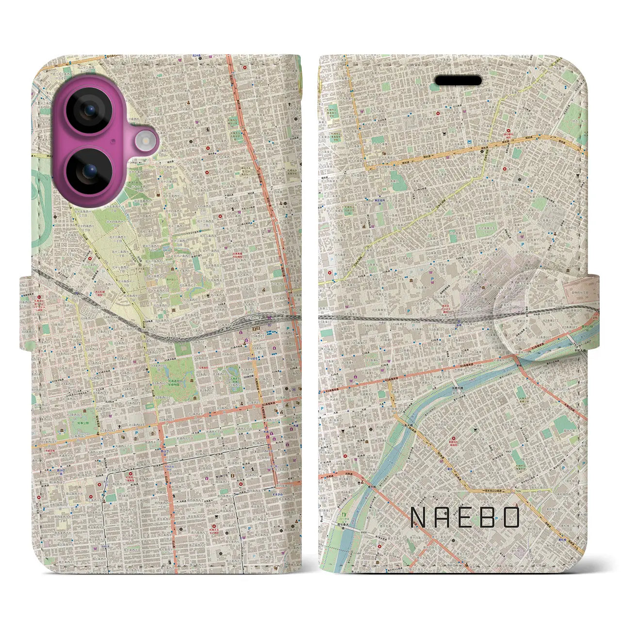 【苗穂(北海道)】地図柄iPhoneケース(手帳タイプ)ナチュラル・iPhone 16 Pro 用