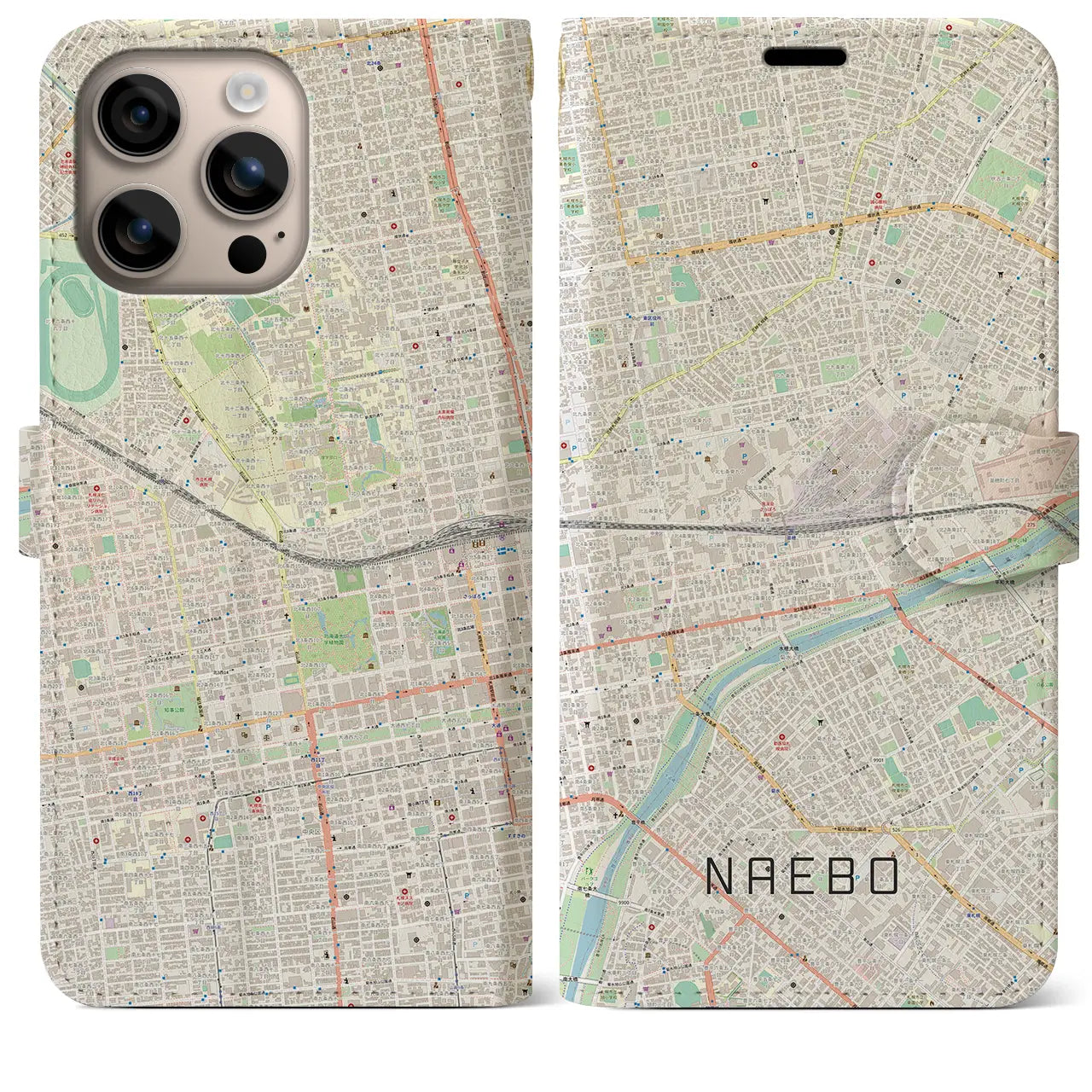 【苗穂(北海道)】地図柄iPhoneケース(手帳タイプ)ナチュラル・iPhone 16 Plus 用