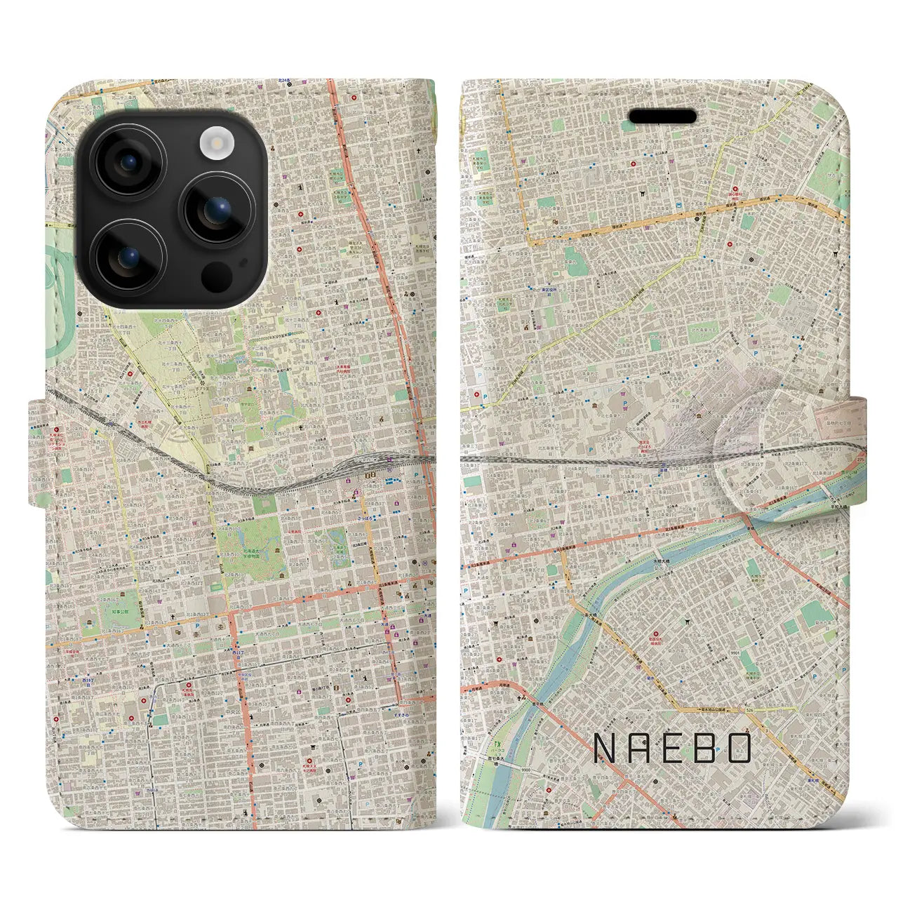 【苗穂(北海道)】地図柄iPhoneケース(手帳タイプ)ナチュラル・iPhone 16 用