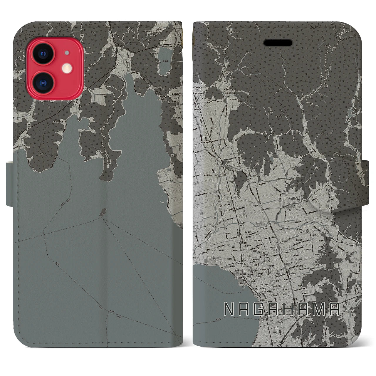 【長浜(滋賀県)】地図柄iPhoneケース(手帳タイプ)モノトーン・iPhone 11 用