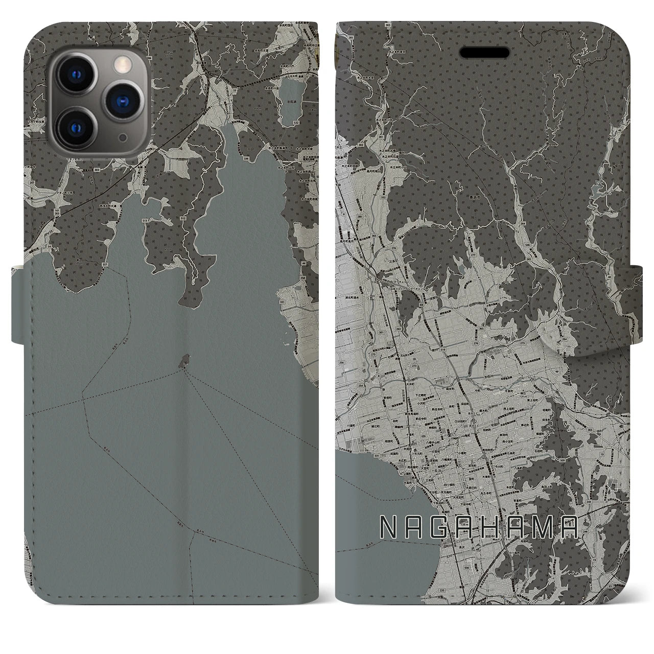 【長浜(滋賀県)】地図柄iPhoneケース(手帳タイプ)モノトーン・iPhone 11 Pro Max 用