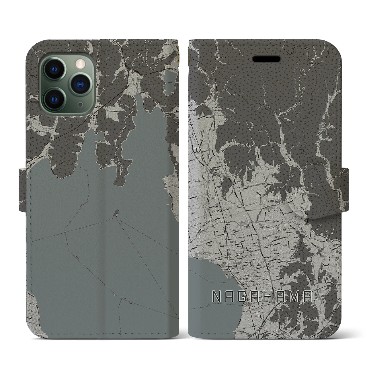 【長浜(滋賀県)】地図柄iPhoneケース(手帳タイプ)モノトーン・iPhone 11 Pro 用