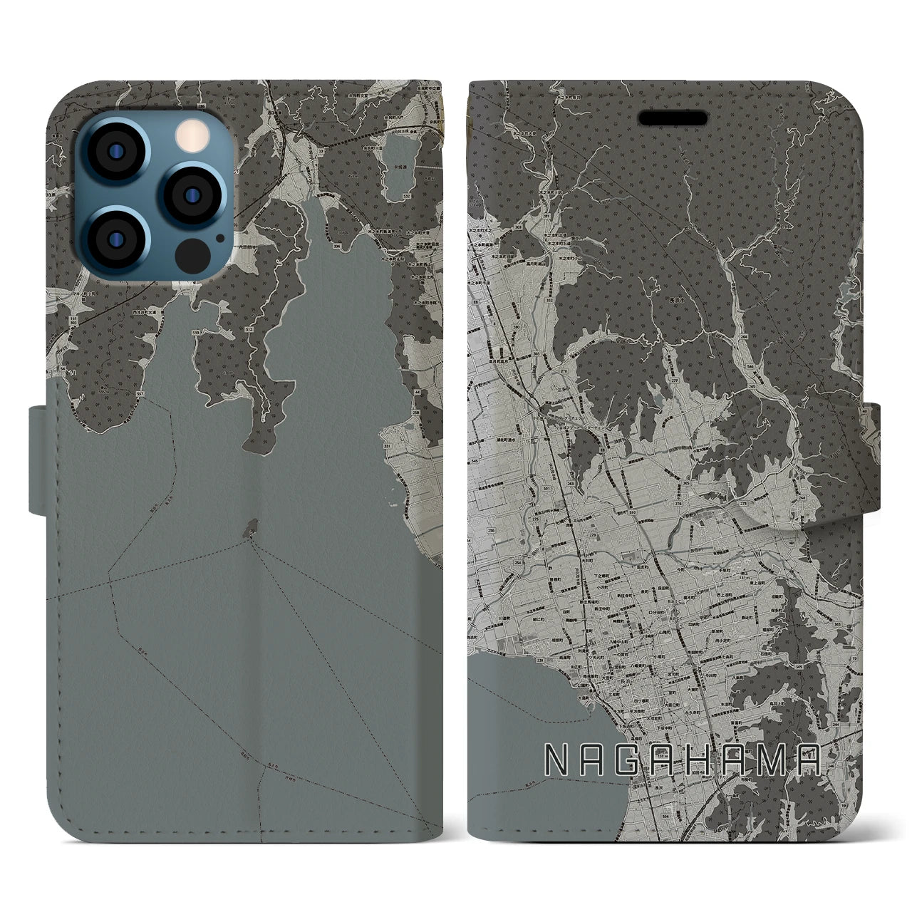 【長浜(滋賀県)】地図柄iPhoneケース(手帳タイプ)モノトーン・iPhone 12 / 12 Pro 用