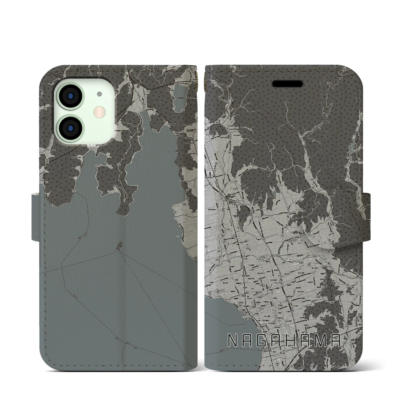 【長浜(滋賀県)】地図柄iPhoneケース(手帳タイプ)モノトーン・iPhone 12 mini 用
