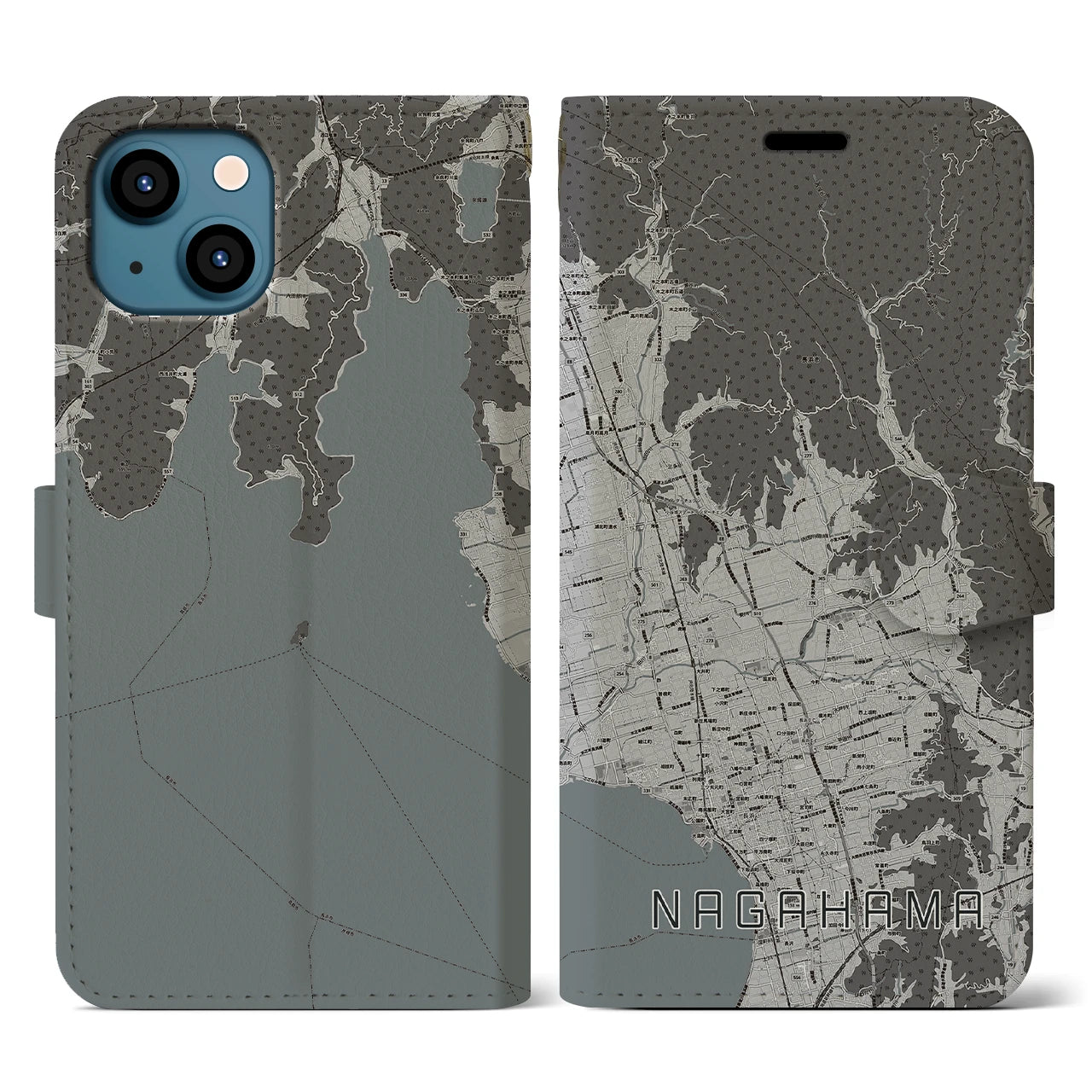 【長浜(滋賀県)】地図柄iPhoneケース(手帳タイプ)モノトーン・iPhone 13 用