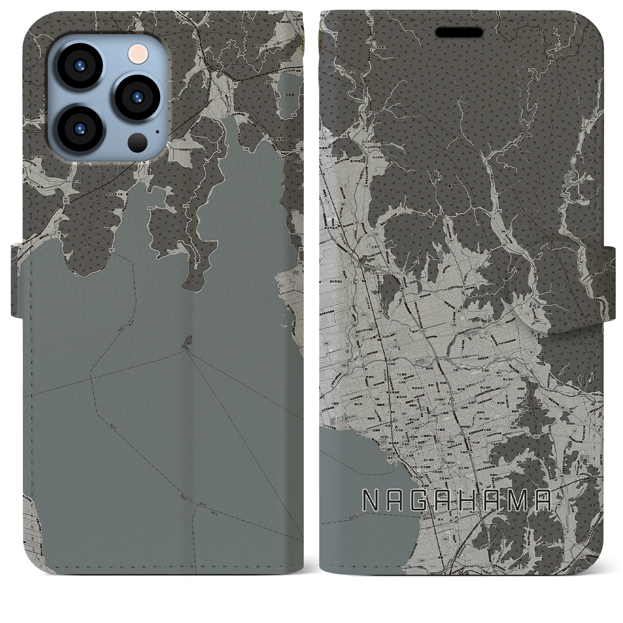 【長浜(滋賀県)】地図柄iPhoneケース(手帳タイプ)モノトーン・iPhone 13 Pro Max 用