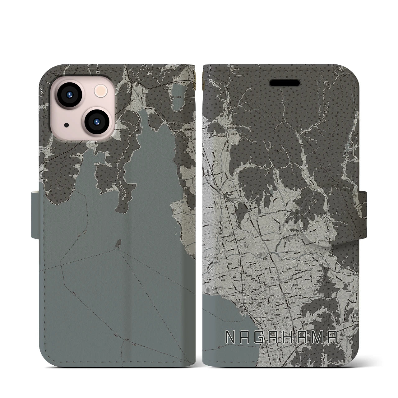 【長浜(滋賀県)】地図柄iPhoneケース(手帳タイプ)モノトーン・iPhone 13 mini 用