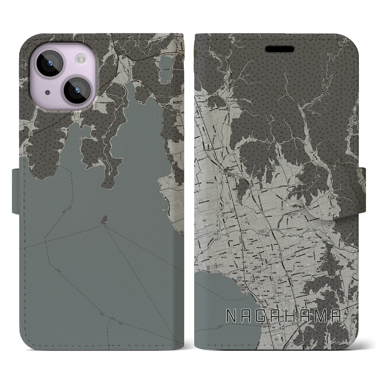 【長浜(滋賀県)】地図柄iPhoneケース(手帳タイプ)モノトーン・iPhone 14 用