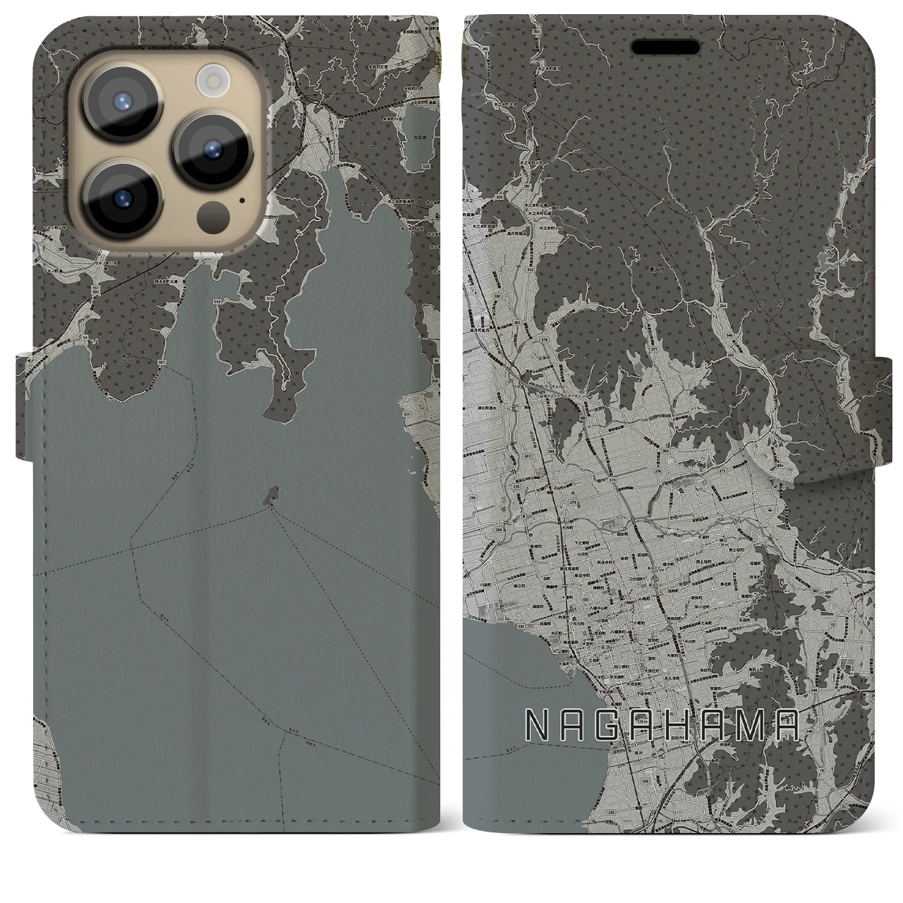 【長浜(滋賀県)】地図柄iPhoneケース(手帳タイプ)モノトーン・iPhone 14 Pro Max 用