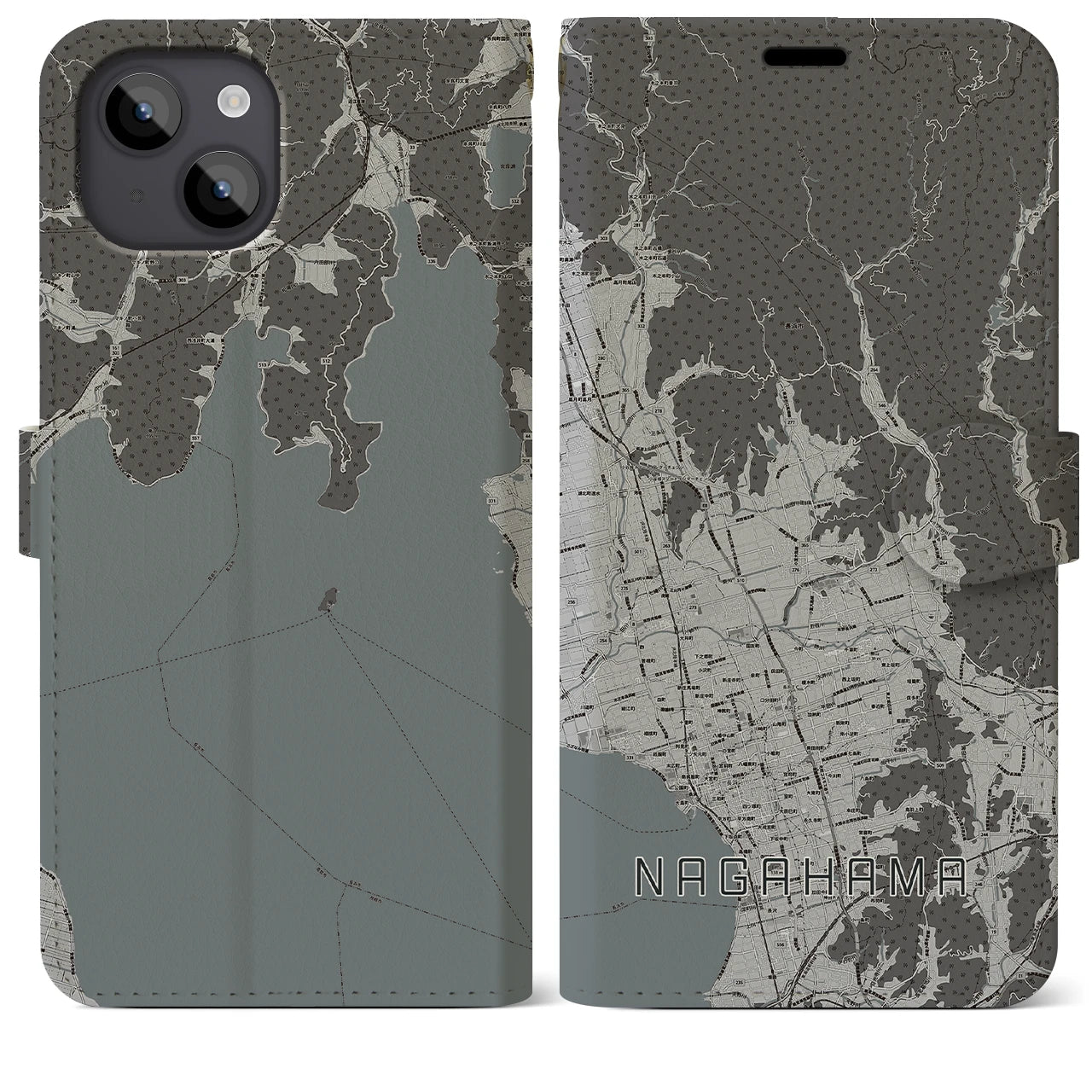 【長浜(滋賀県)】地図柄iPhoneケース(手帳タイプ)モノトーン・iPhone 14 Plus 用