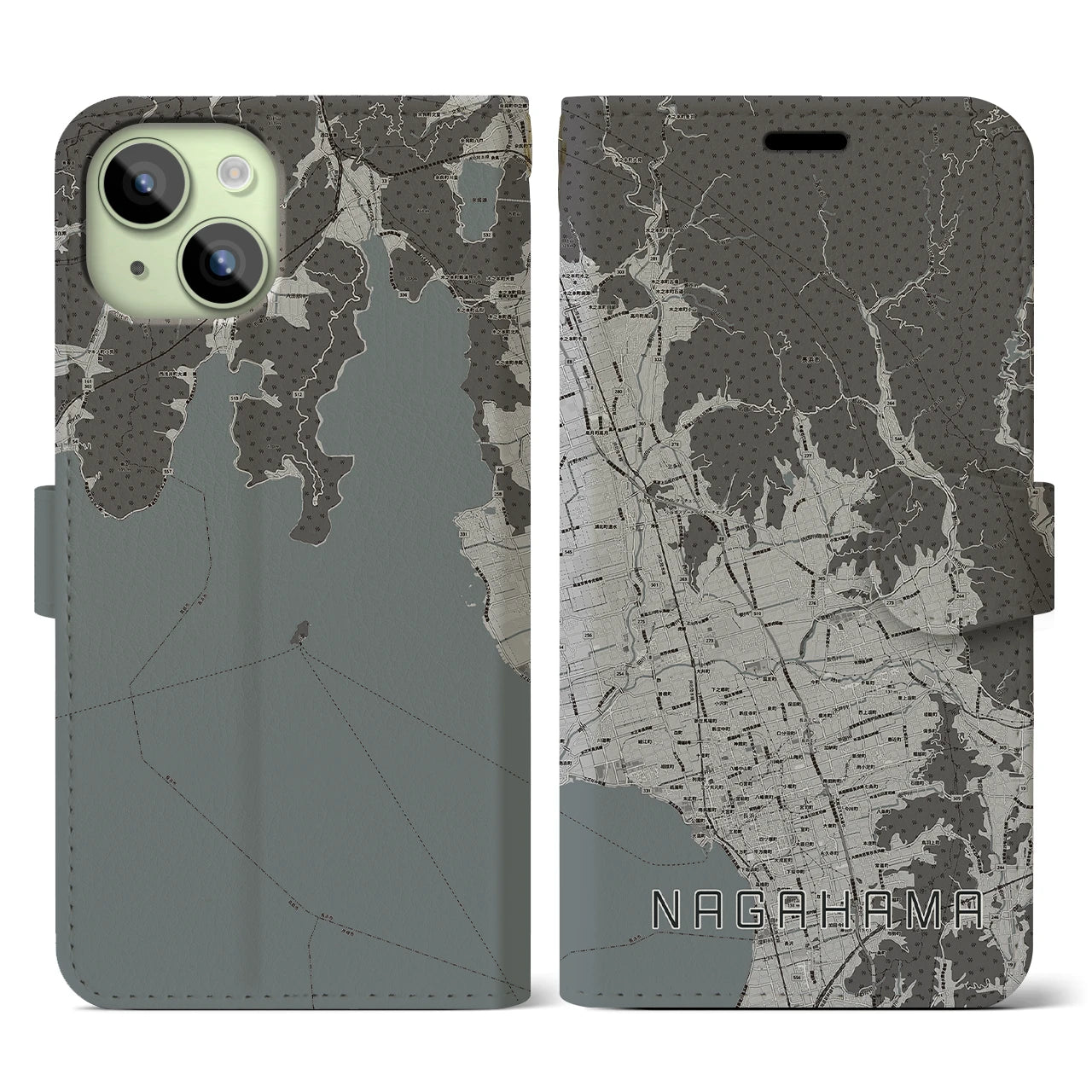 【長浜(滋賀県)】地図柄iPhoneケース(手帳タイプ)モノトーン・iPhone 15 用