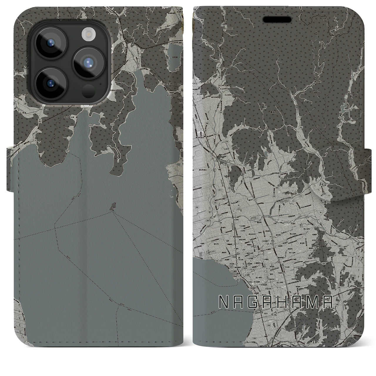 【長浜(滋賀県)】地図柄iPhoneケース(手帳タイプ)モノトーン・iPhone 15 Pro Max 用