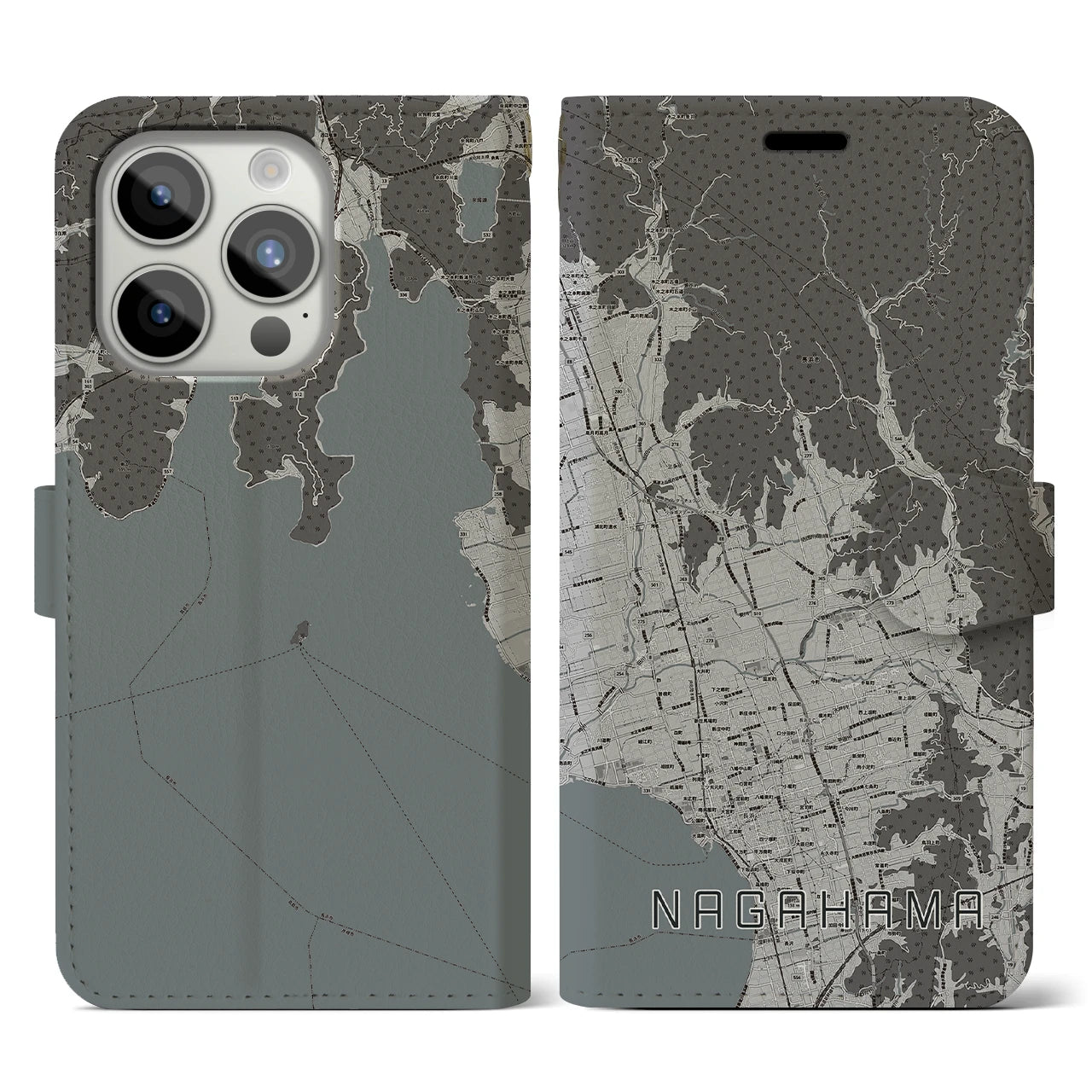 【長浜(滋賀県)】地図柄iPhoneケース(手帳タイプ)モノトーン・iPhone 15 Pro 用
