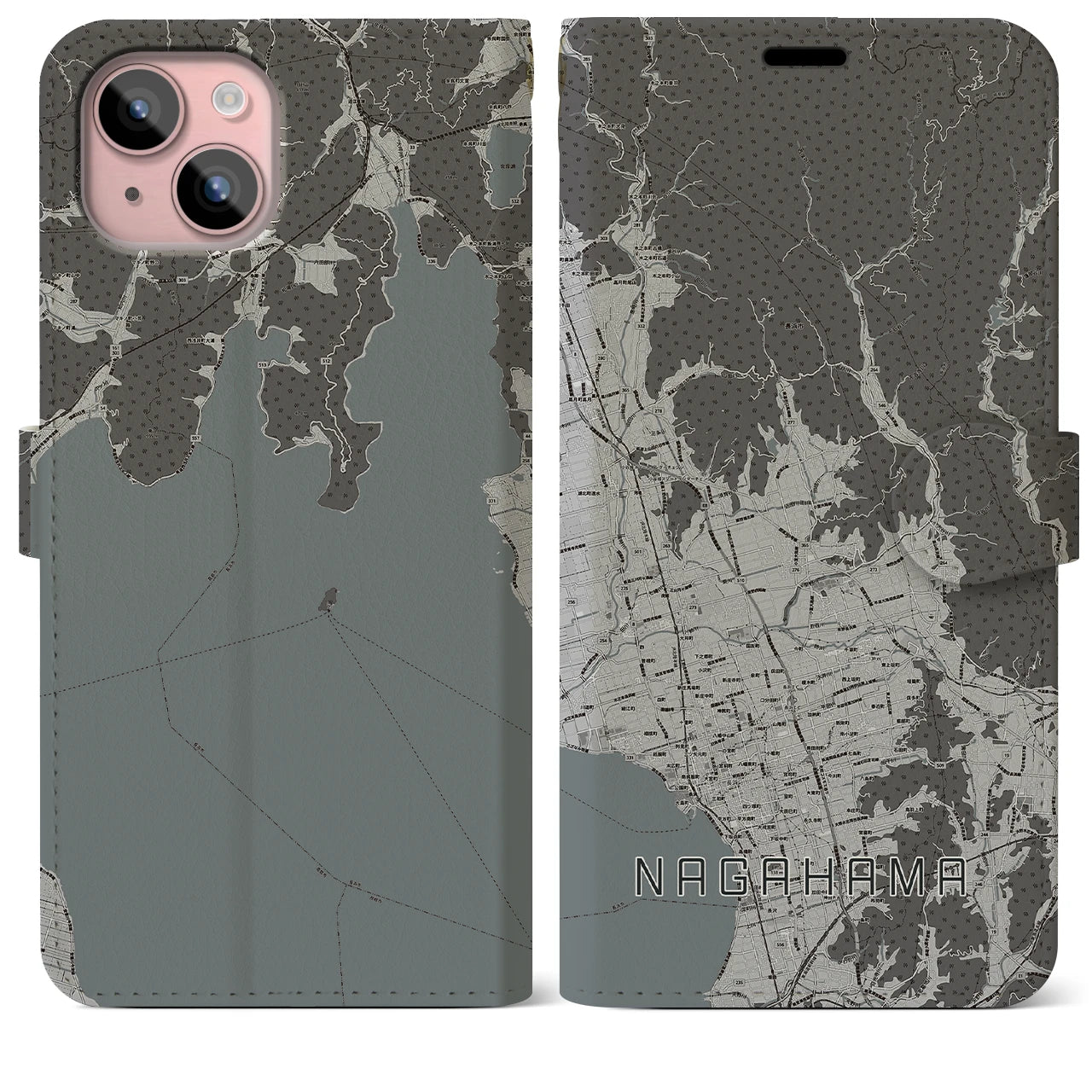 【長浜(滋賀県)】地図柄iPhoneケース(手帳タイプ)モノトーン・iPhone 15 Plus 用