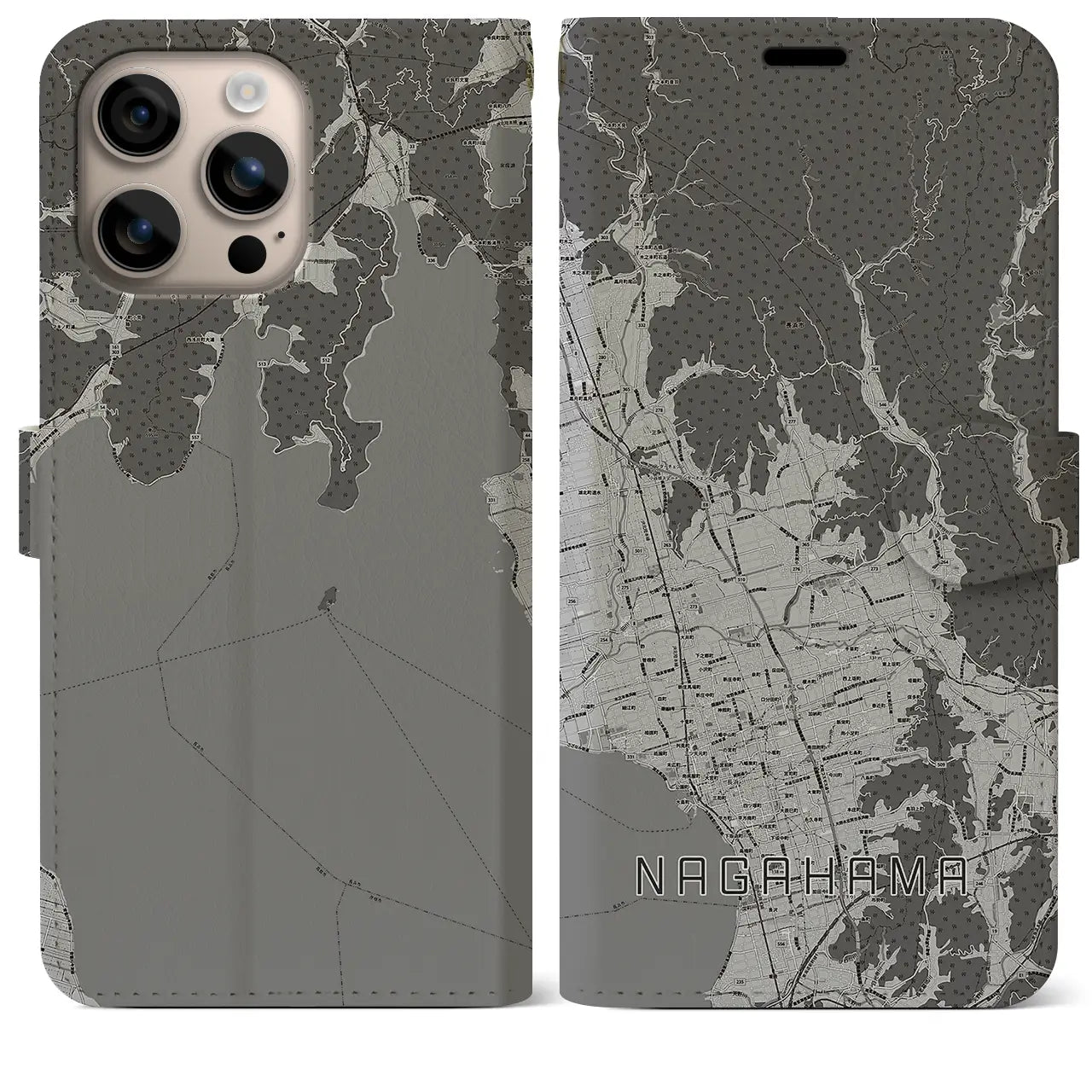 【長浜(滋賀県)】地図柄iPhoneケース(手帳タイプ)モノトーン・iPhone 16 Plus 用