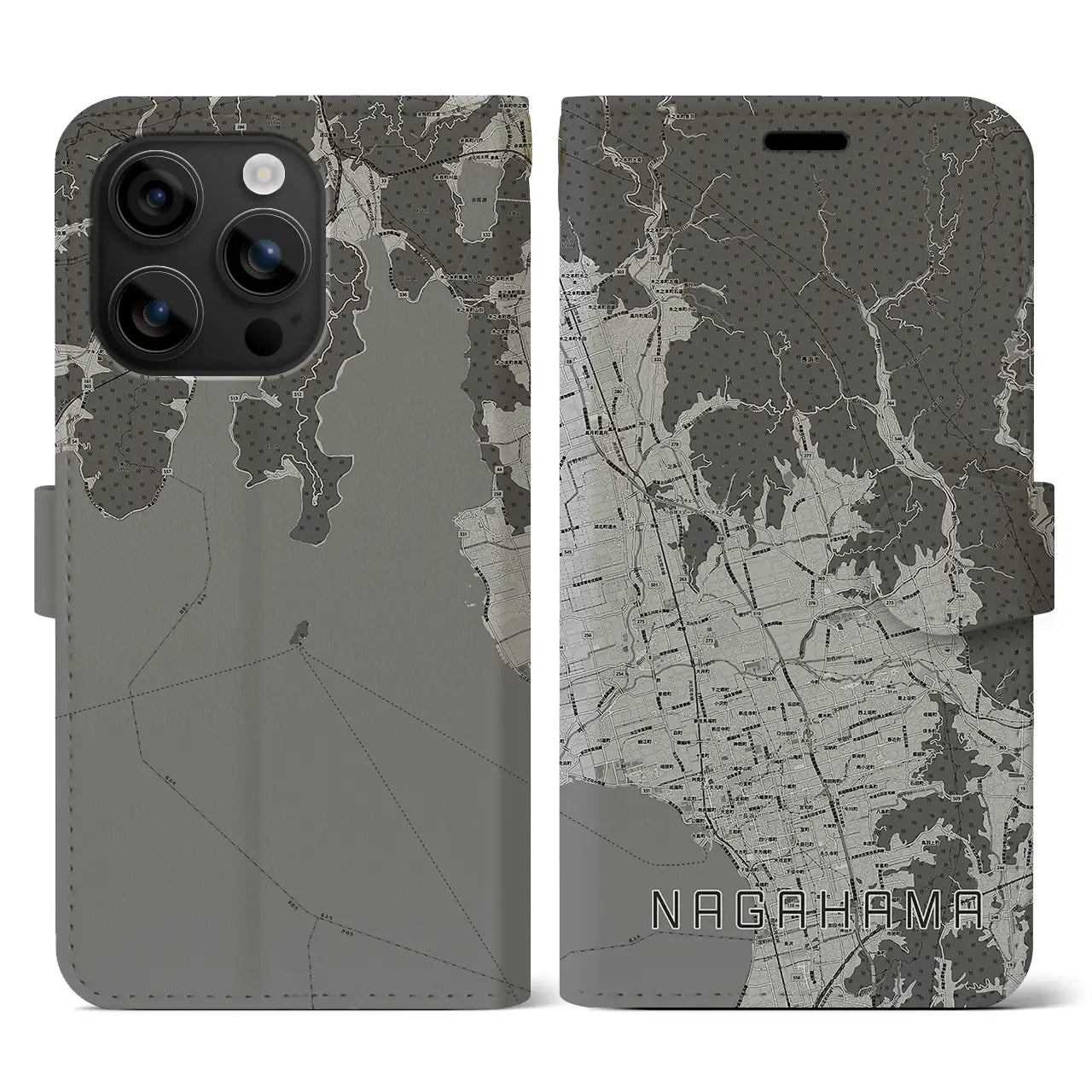 【長浜(滋賀県)】地図柄iPhoneケース(手帳タイプ)モノトーン・iPhone 16 用