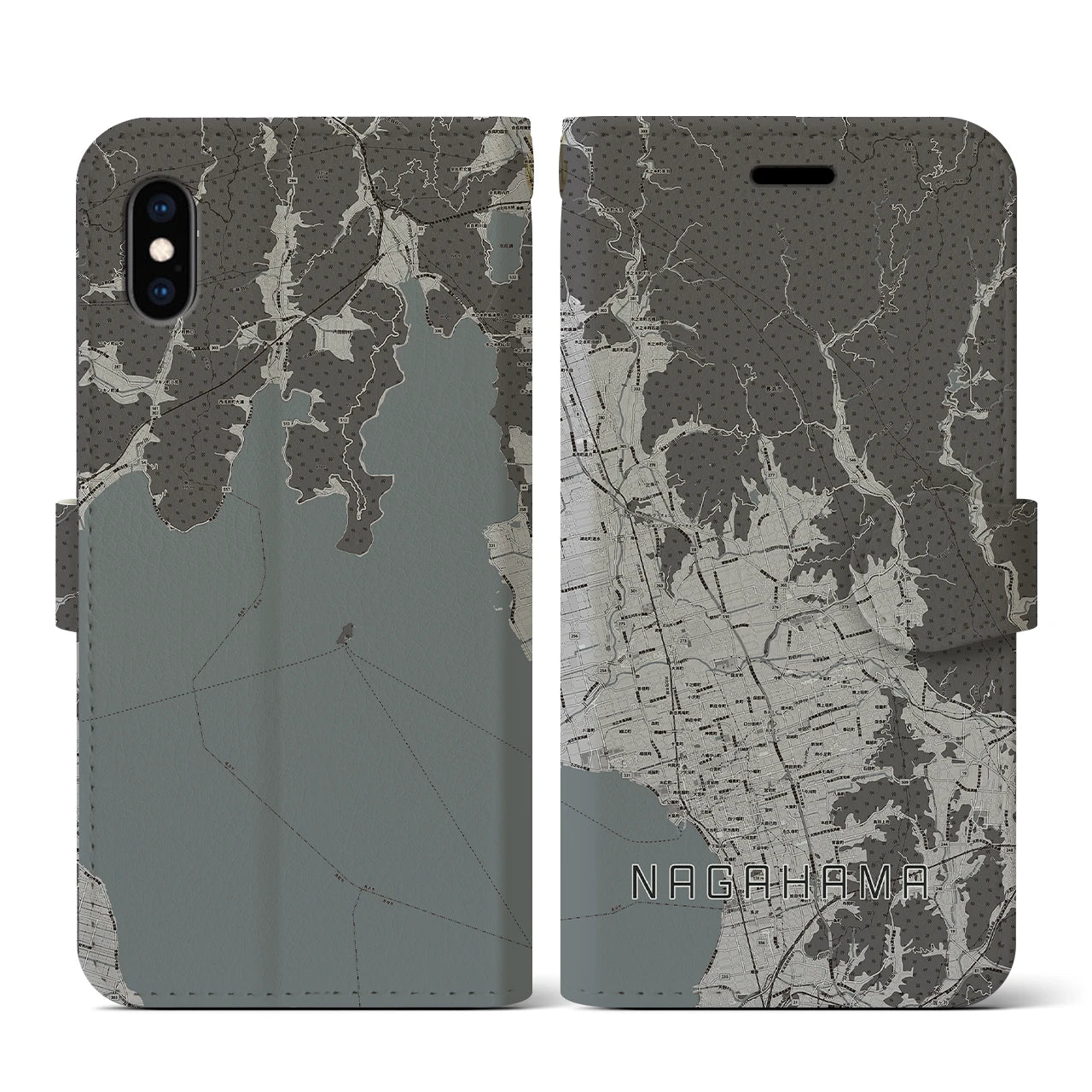 【長浜(滋賀県)】地図柄iPhoneケース(手帳タイプ)モノトーン・iPhone XS / X 用