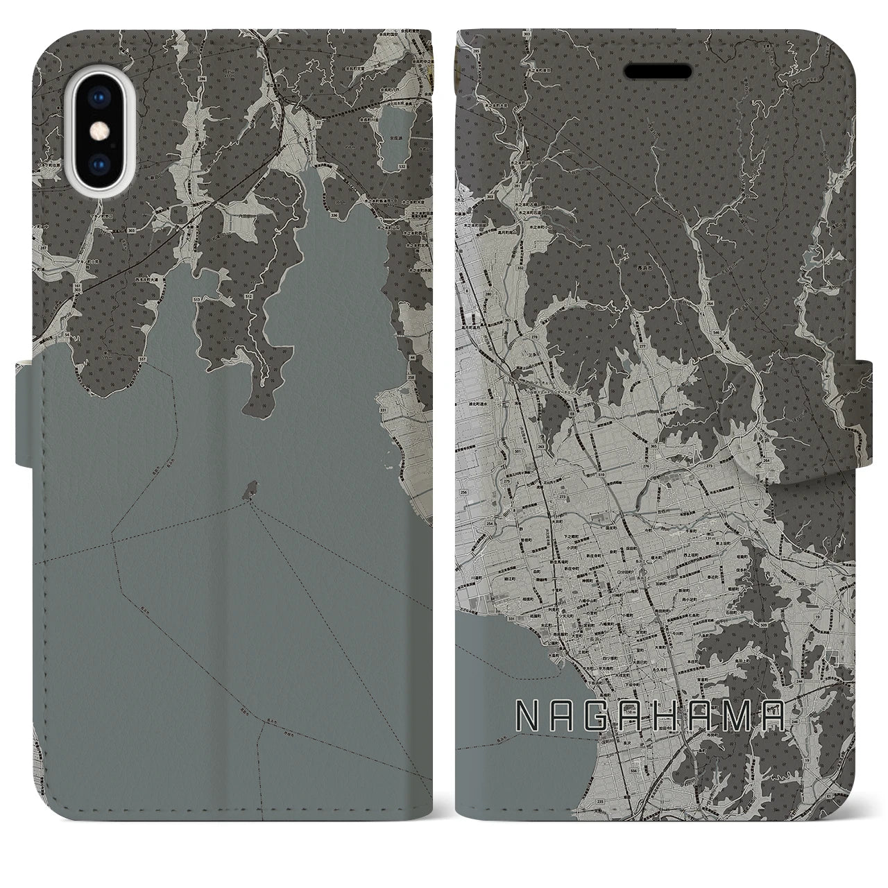 【長浜(滋賀県)】地図柄iPhoneケース(手帳タイプ)モノトーン・iPhone XS Max 用