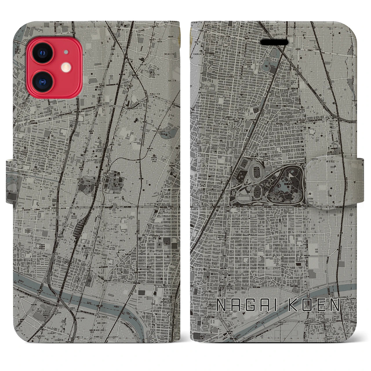 【長居公園(大阪府)】地図柄iPhoneケース(手帳タイプ)モノトーン・iPhone 11 用