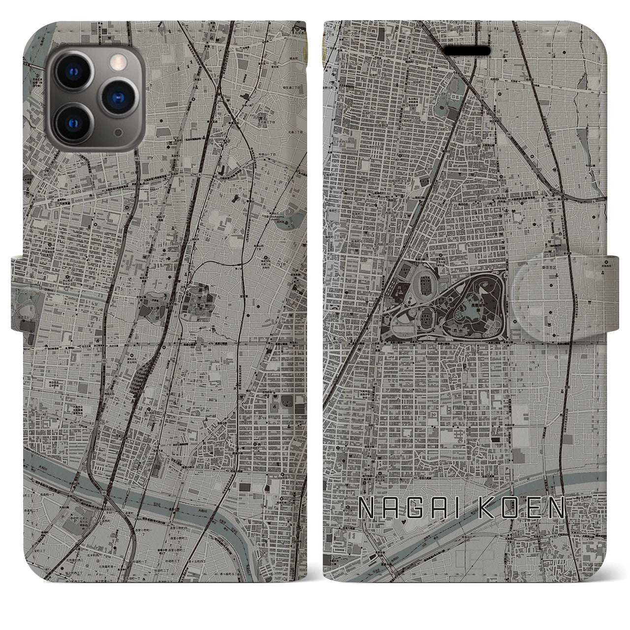 【長居公園(大阪府)】地図柄iPhoneケース(手帳タイプ)モノトーン・iPhone 11 Pro Max 用