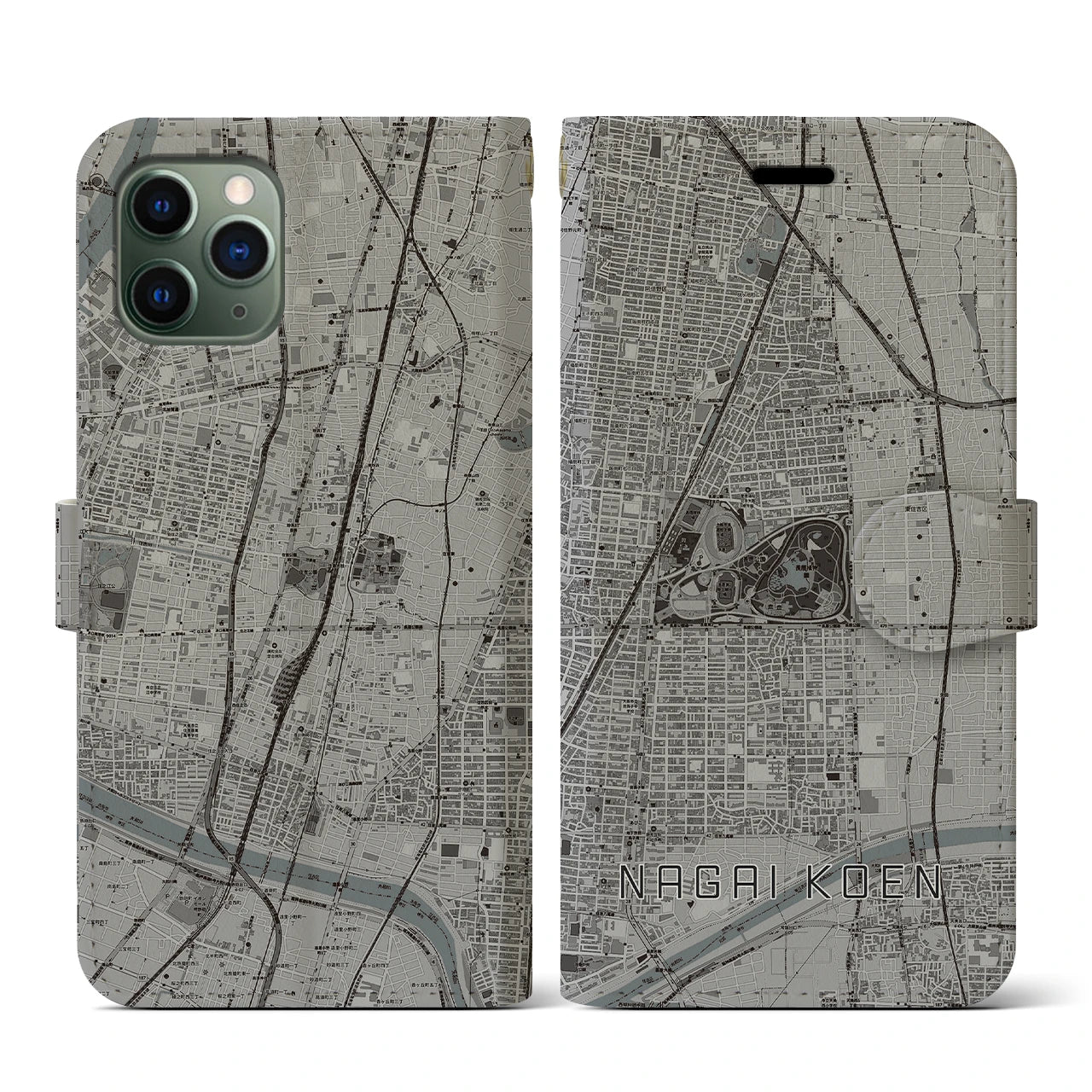 【長居公園(大阪府)】地図柄iPhoneケース(手帳タイプ)モノトーン・iPhone 11 Pro 用