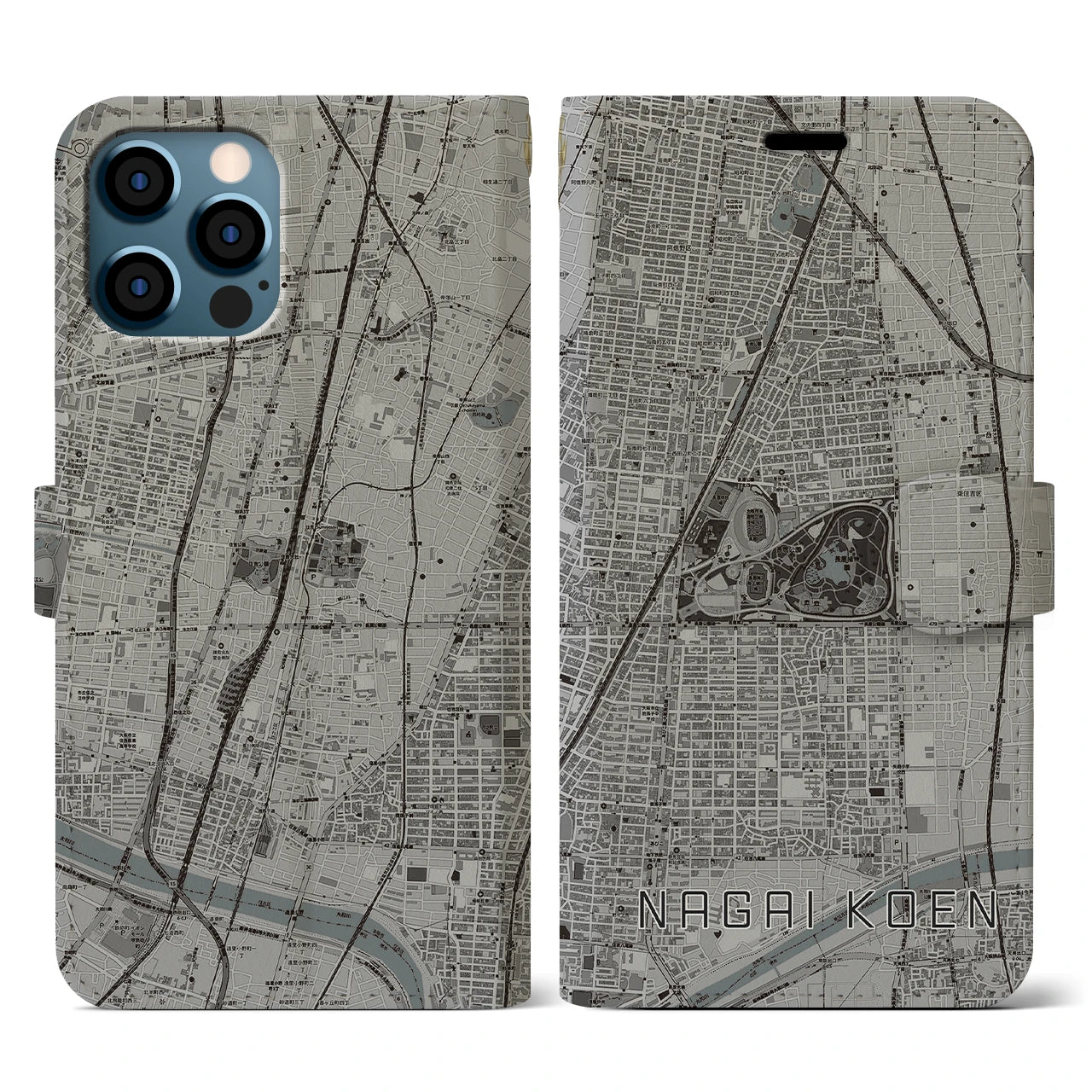 【長居公園(大阪府)】地図柄iPhoneケース(手帳タイプ)モノトーン・iPhone 12 / 12 Pro 用