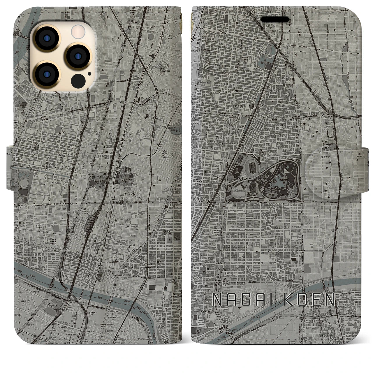 【長居公園(大阪府)】地図柄iPhoneケース(手帳タイプ)モノトーン・iPhone 12 Pro Max 用