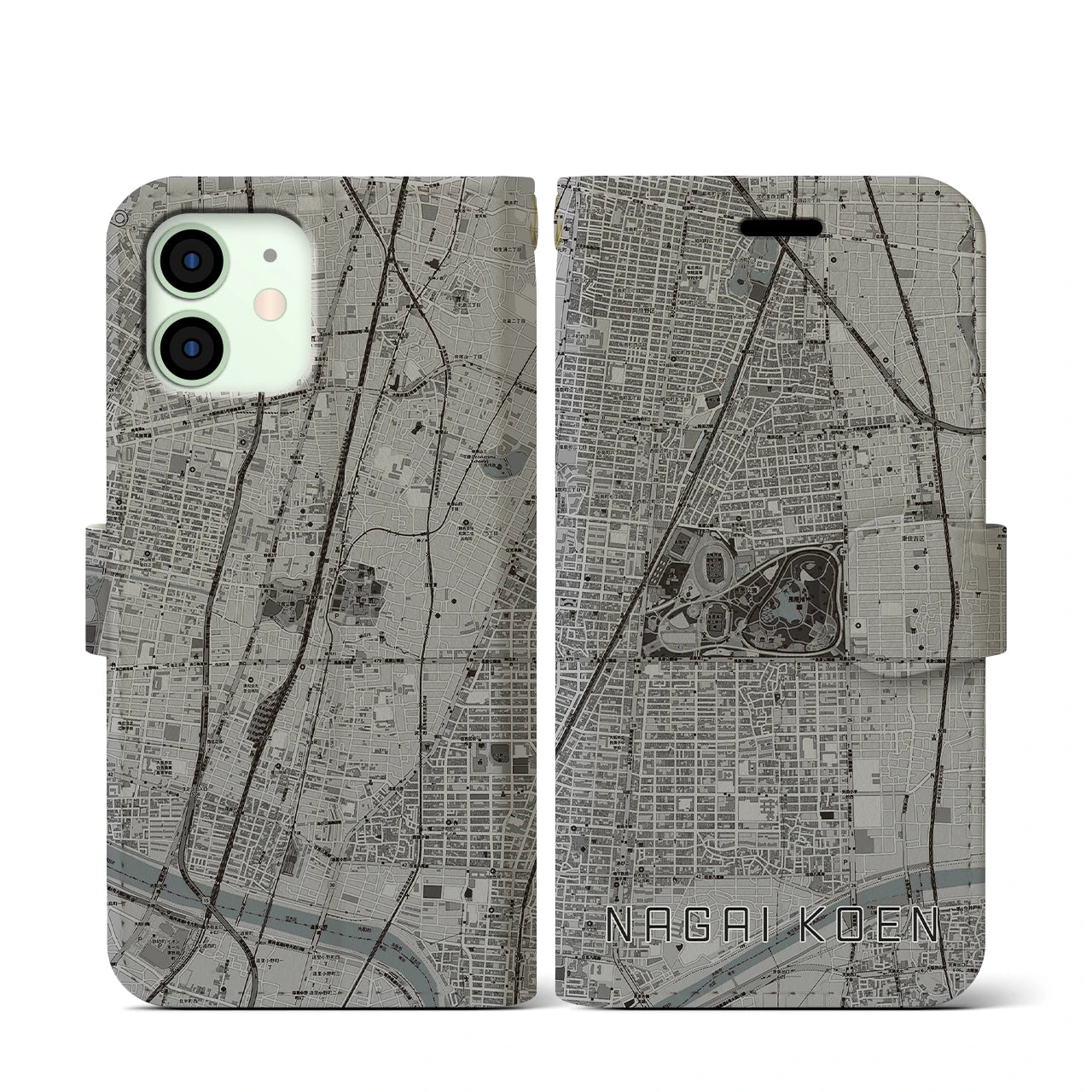 【長居公園(大阪府)】地図柄iPhoneケース(手帳タイプ)モノトーン・iPhone 12 mini 用