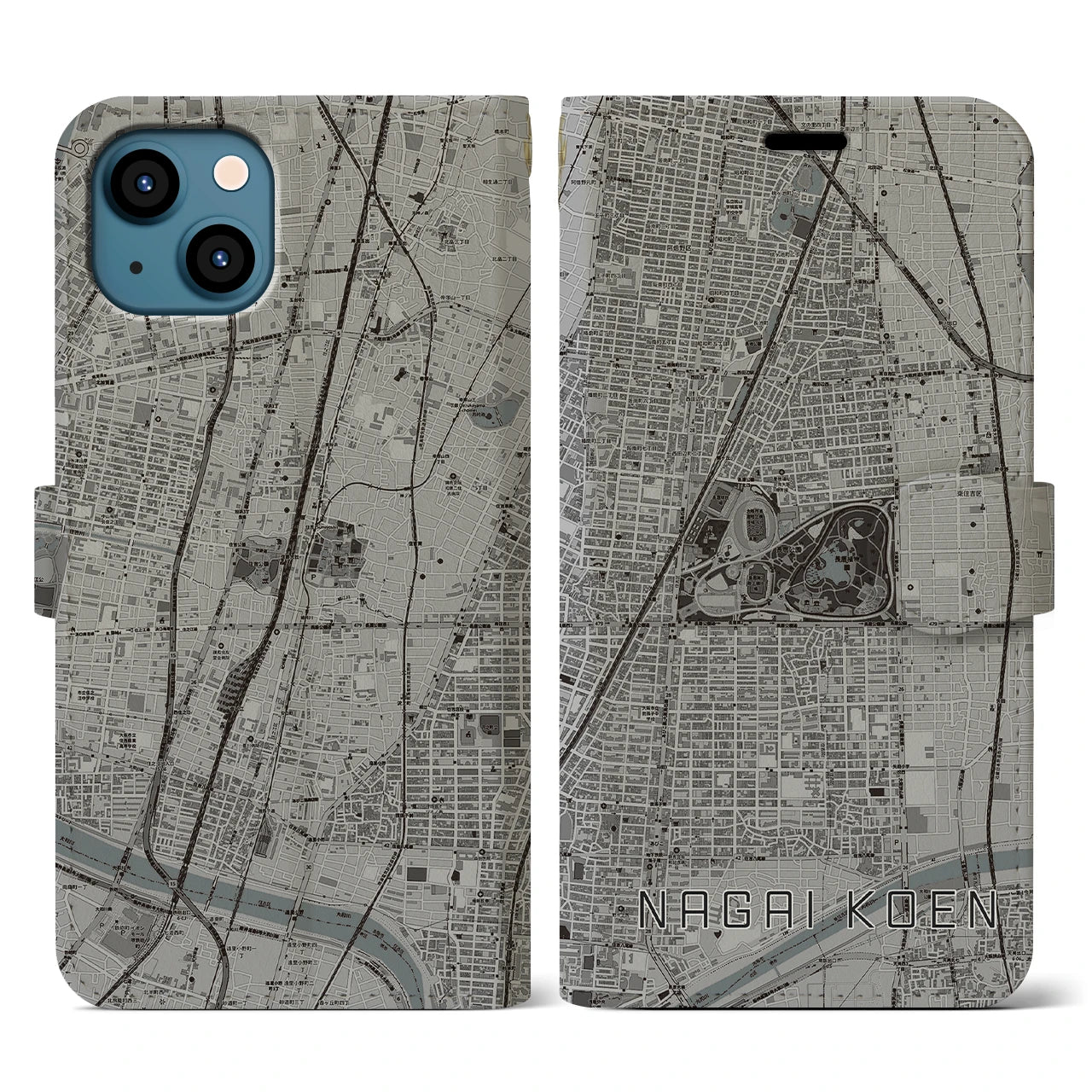 【長居公園(大阪府)】地図柄iPhoneケース(手帳タイプ)モノトーン・iPhone 13 用