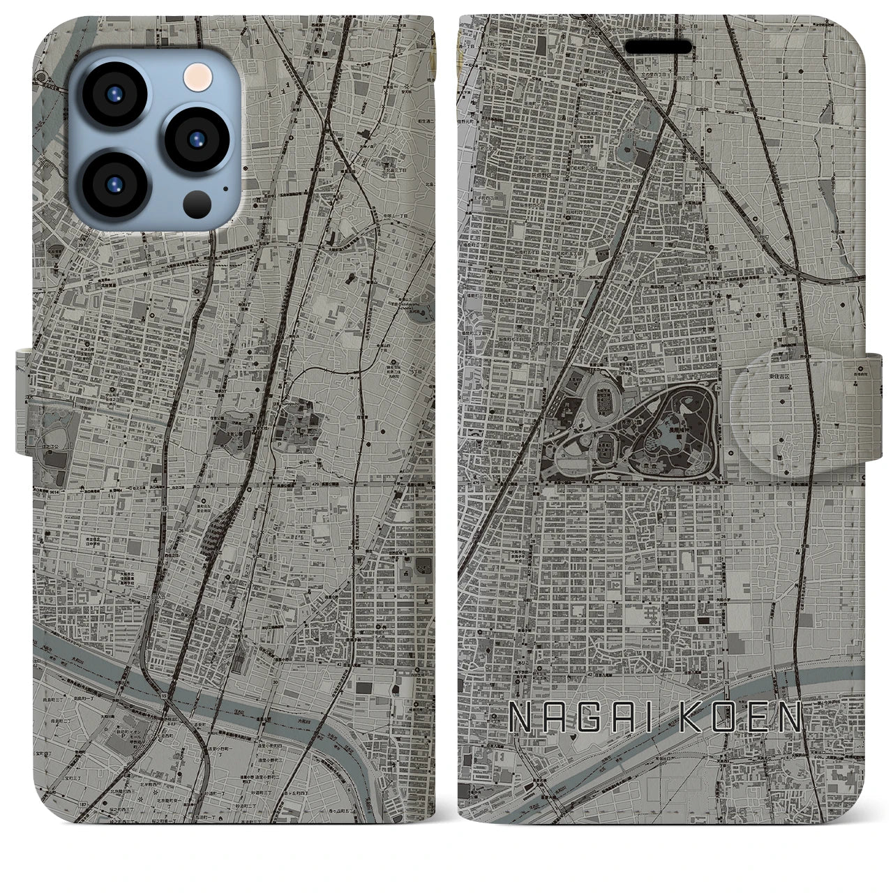 【長居公園(大阪府)】地図柄iPhoneケース(手帳タイプ)モノトーン・iPhone 13 Pro Max 用