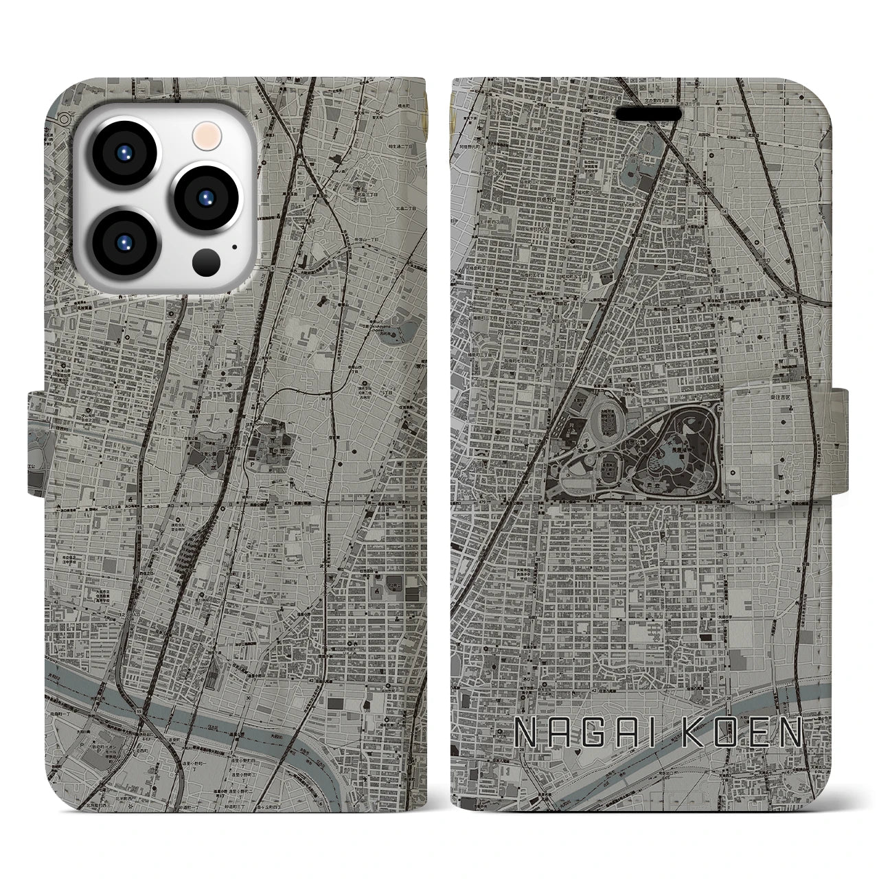 【長居公園(大阪府)】地図柄iPhoneケース(手帳タイプ)モノトーン・iPhone 13 Pro 用
