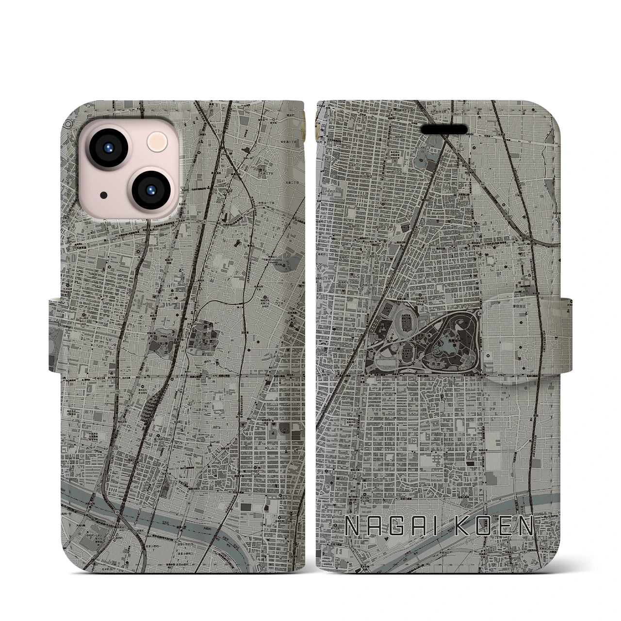 【長居公園(大阪府)】地図柄iPhoneケース(手帳タイプ)モノトーン・iPhone 13 mini 用