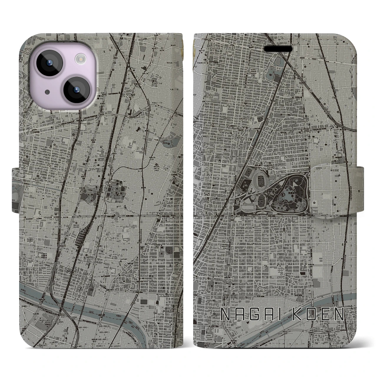 【長居公園(大阪府)】地図柄iPhoneケース(手帳タイプ)モノトーン・iPhone 14 用