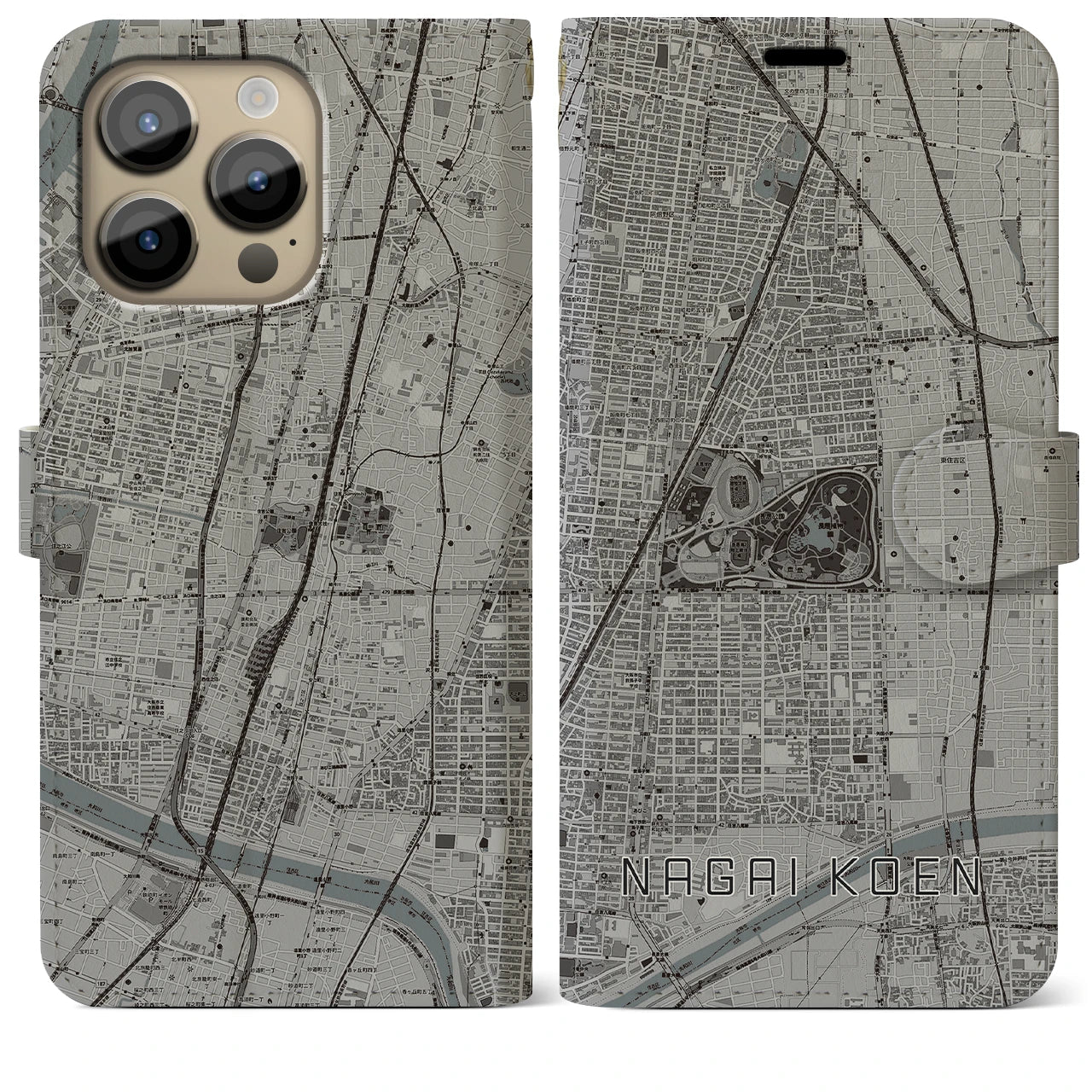 【長居公園(大阪府)】地図柄iPhoneケース(手帳タイプ)モノトーン・iPhone 14 Pro Max 用