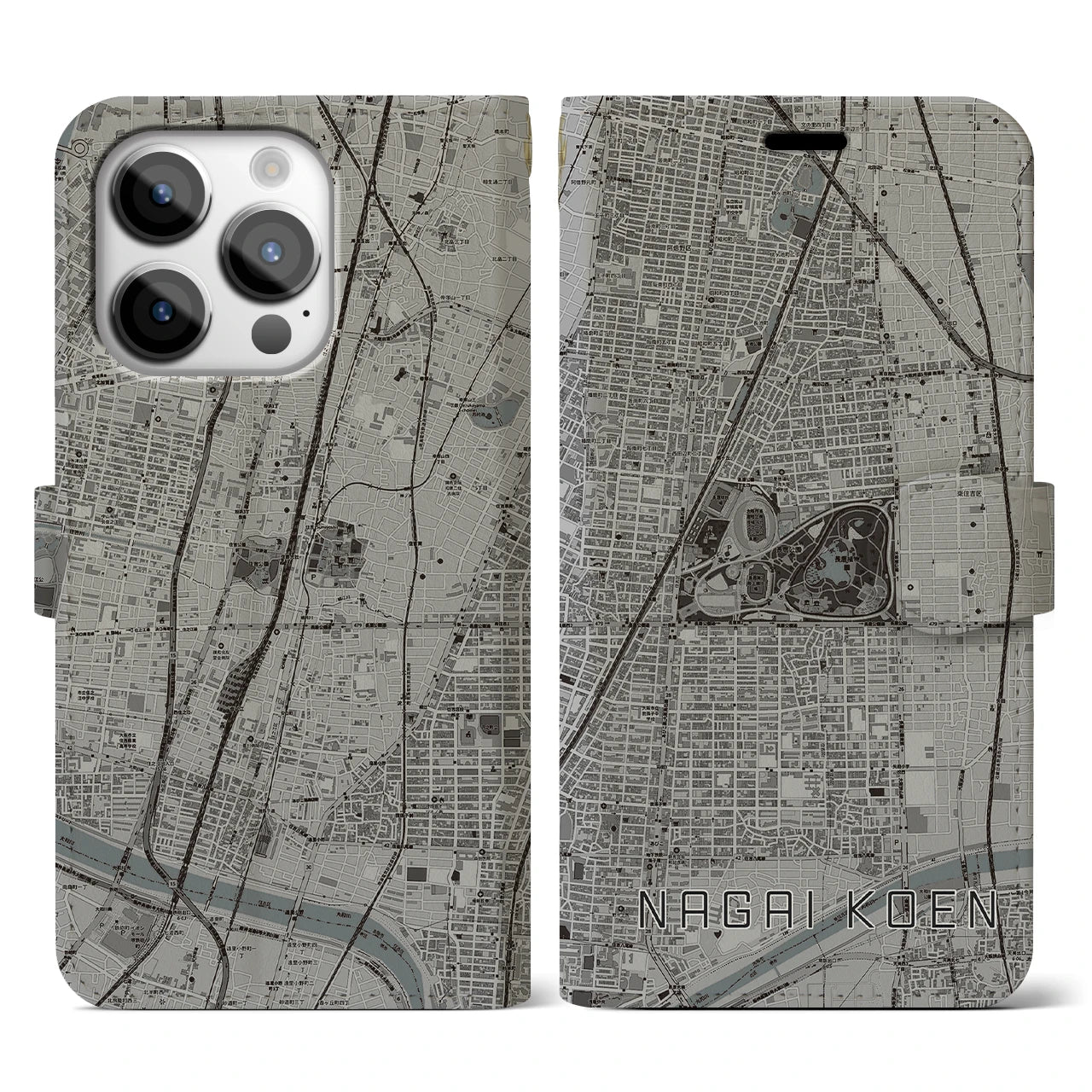【長居公園(大阪府)】地図柄iPhoneケース(手帳タイプ)モノトーン・iPhone 14 Pro 用