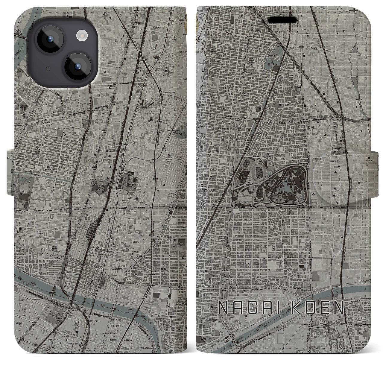 【長居公園(大阪府)】地図柄iPhoneケース(手帳タイプ)モノトーン・iPhone 14 Plus 用