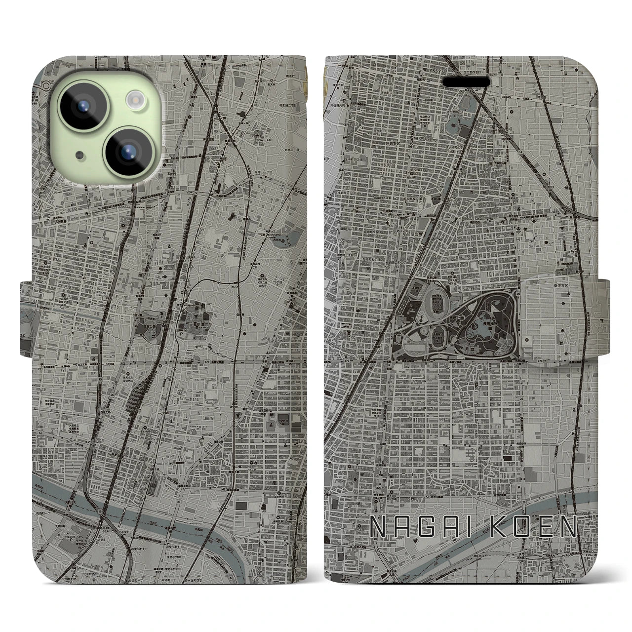 【長居公園(大阪府)】地図柄iPhoneケース(手帳タイプ)モノトーン・iPhone 15 用