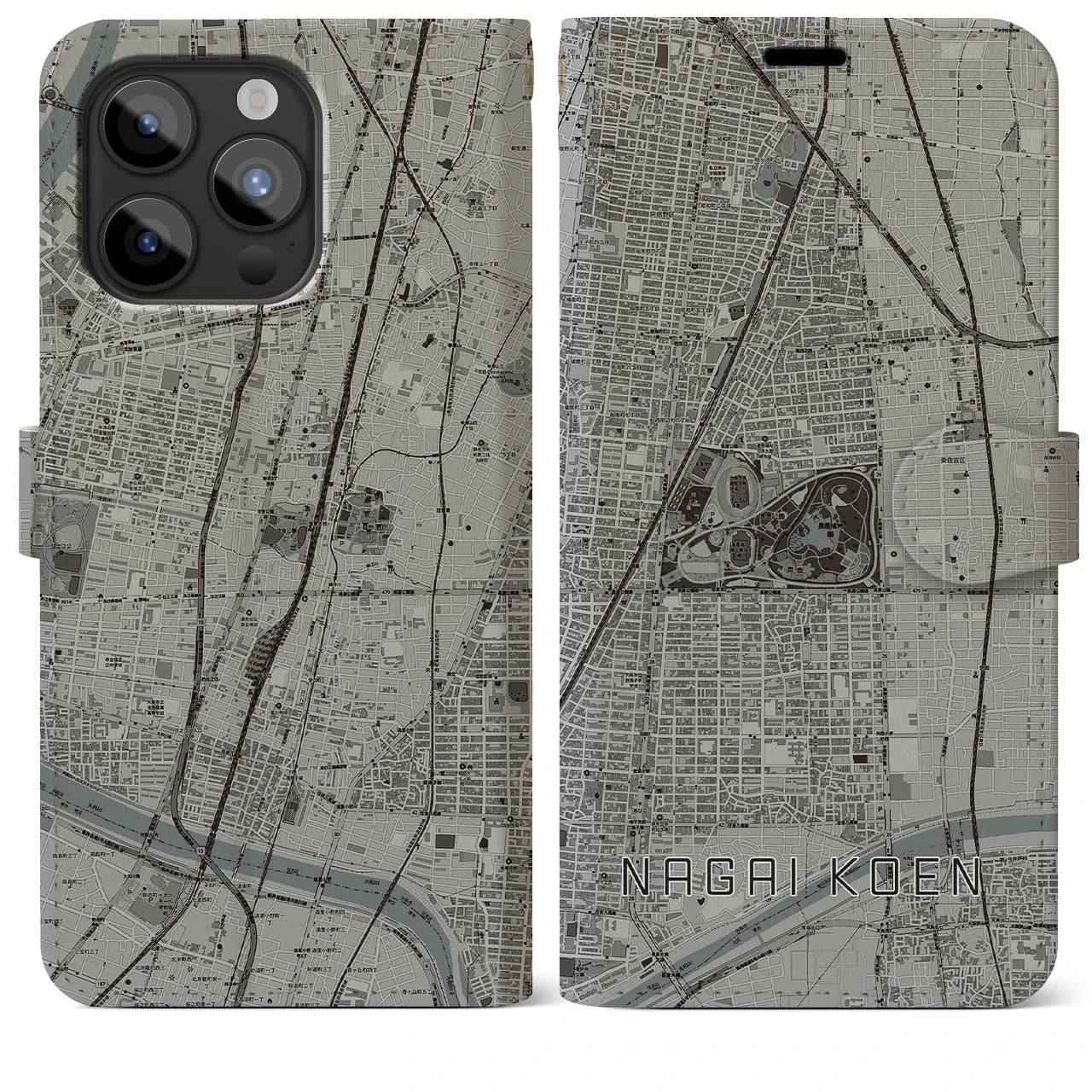 【長居公園(大阪府)】地図柄iPhoneケース(手帳タイプ)モノトーン・iPhone 15 Pro Max 用