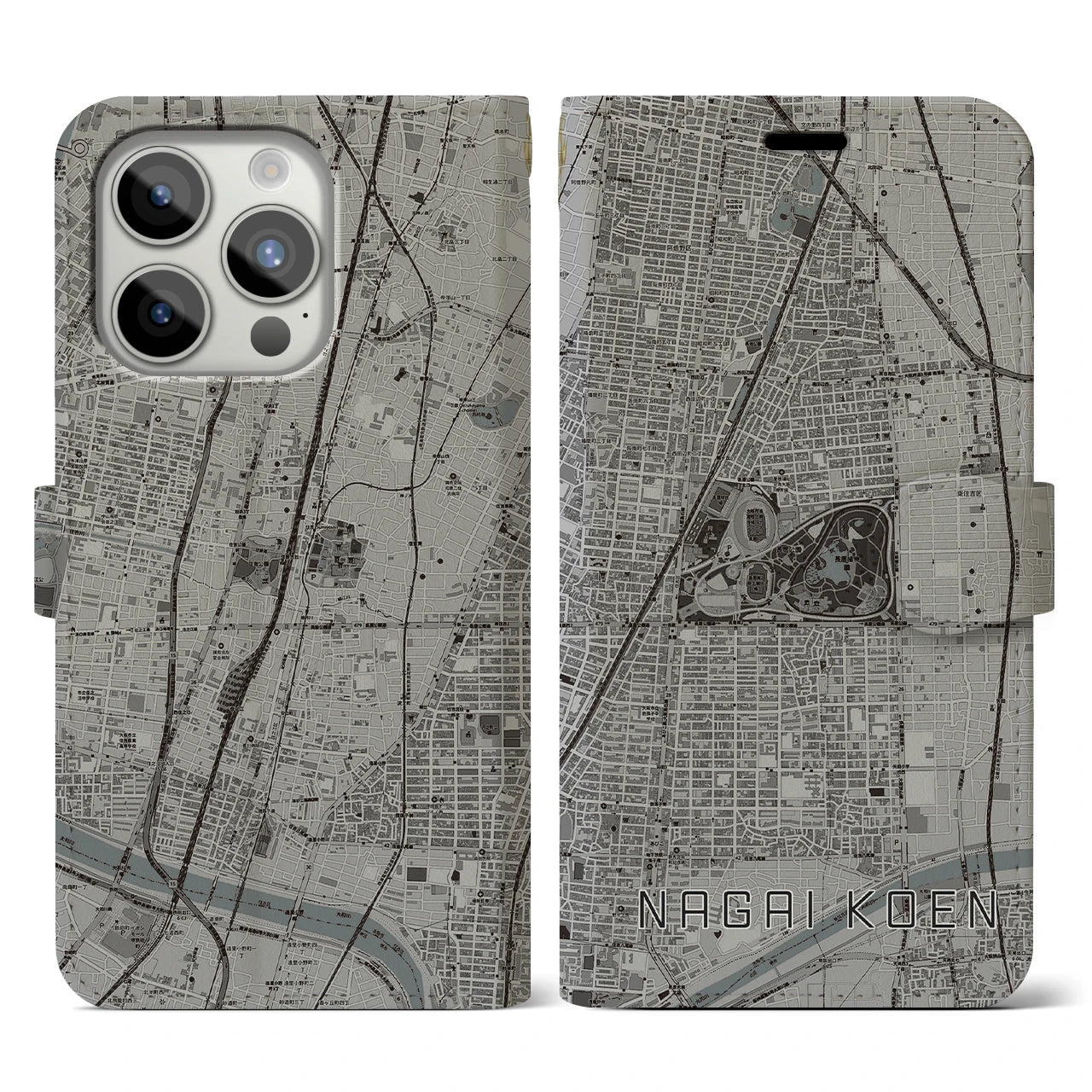 【長居公園(大阪府)】地図柄iPhoneケース(手帳タイプ)モノトーン・iPhone 15 Pro 用