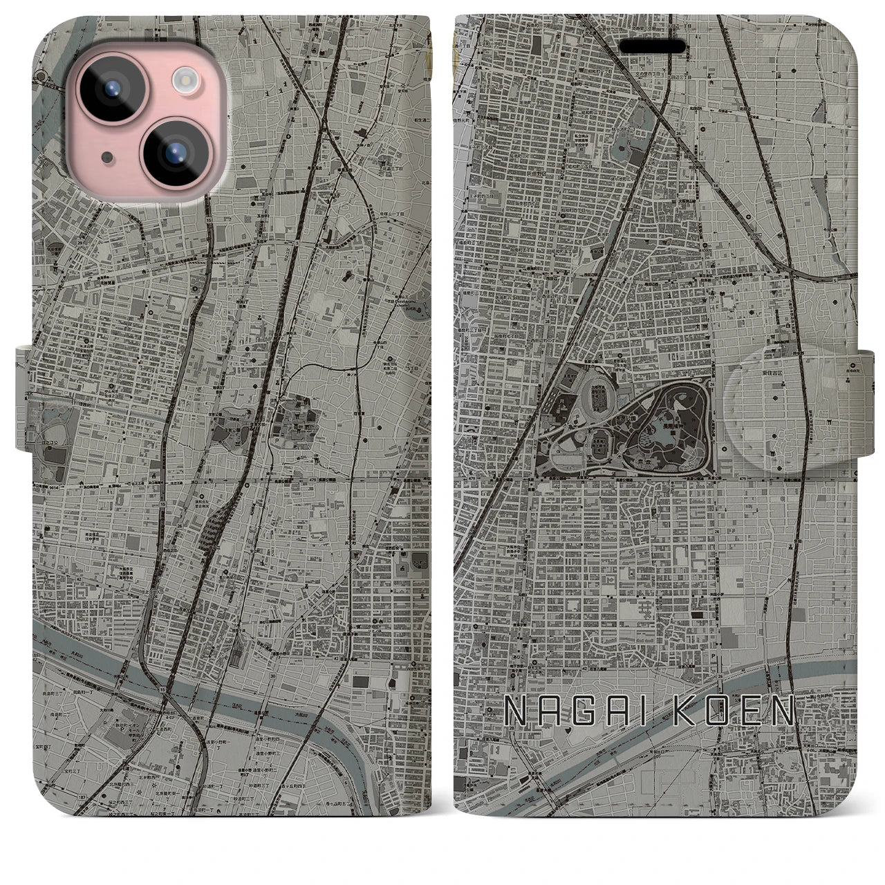 【長居公園(大阪府)】地図柄iPhoneケース(手帳タイプ)モノトーン・iPhone 15 Plus 用