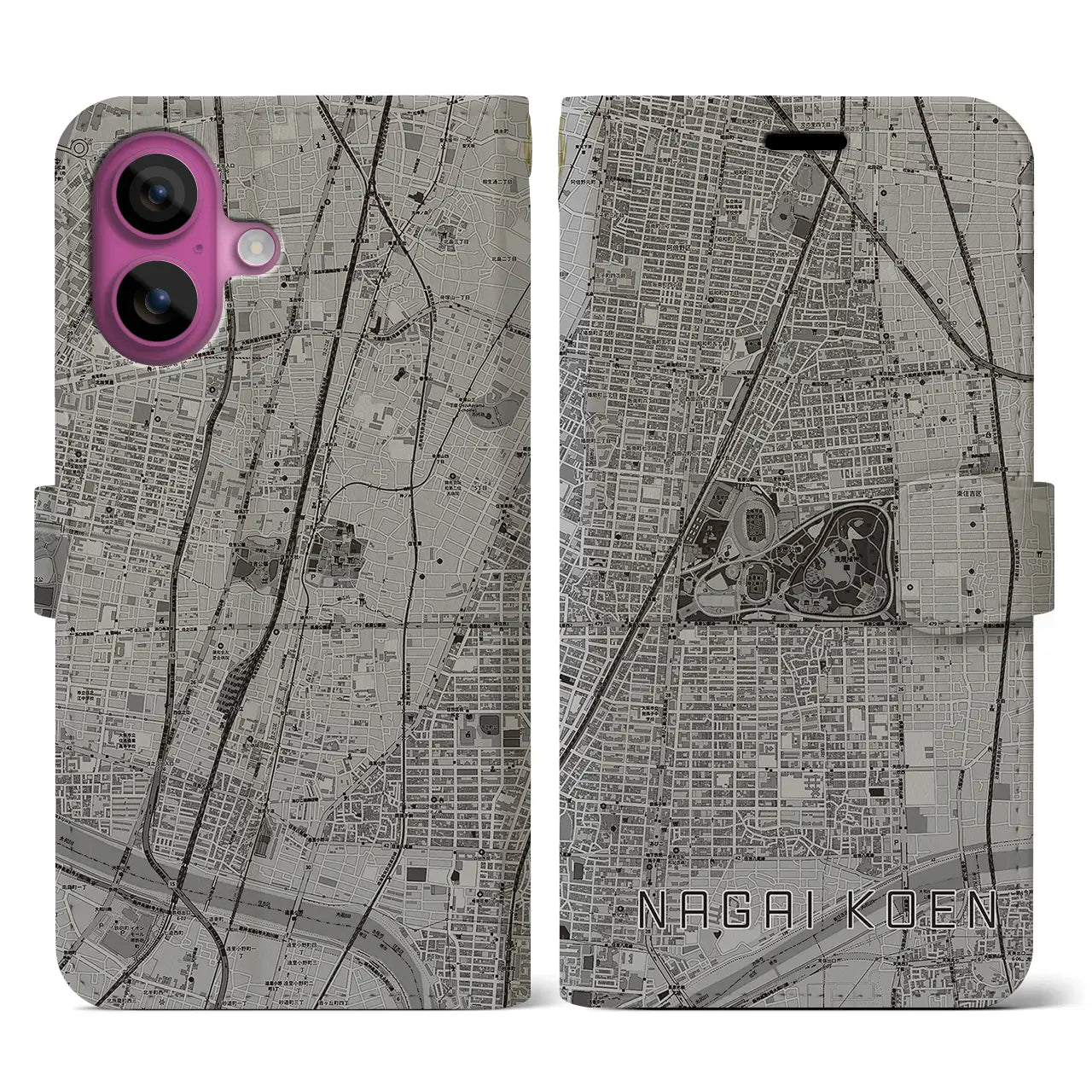 【長居公園(大阪府)】地図柄iPhoneケース(手帳タイプ)モノトーン・iPhone 16 Pro 用
